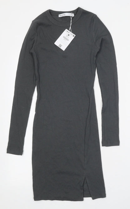 Bershka Womens Grey Cotton Bodycon Size XS Round Neck Pullover - Ribbed