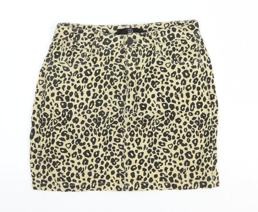 Missguided Womens Yellow Animal Print Cotton A-Line Skirt Size 6 Zip - Leopard Pattern