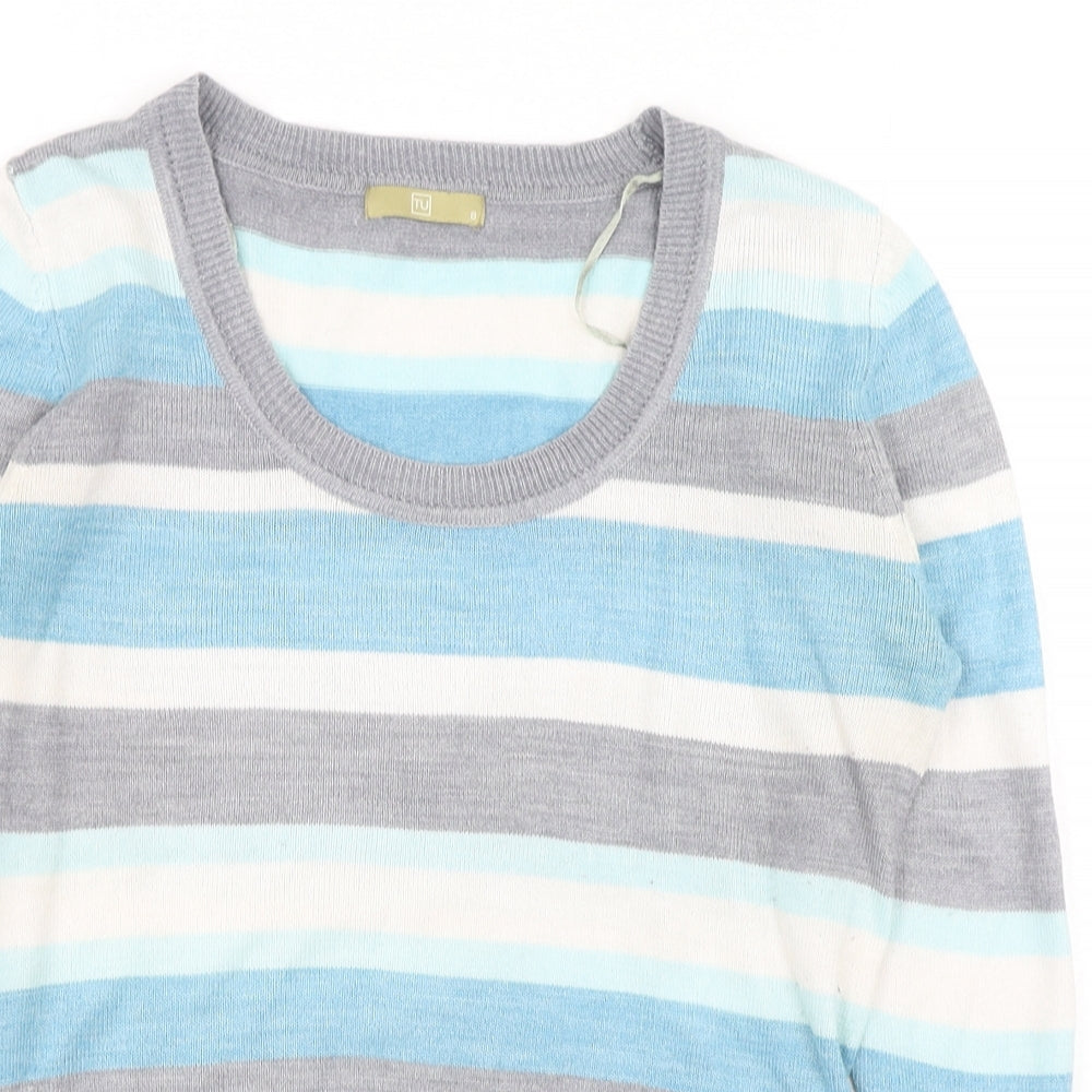 TU Womens Blue Scoop Neck Striped Acrylic Pullover Jumper Size 8