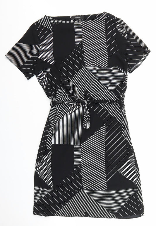 Primark Womens Black Geometric Polyester Sheath Size 8 Boat Neck Tie