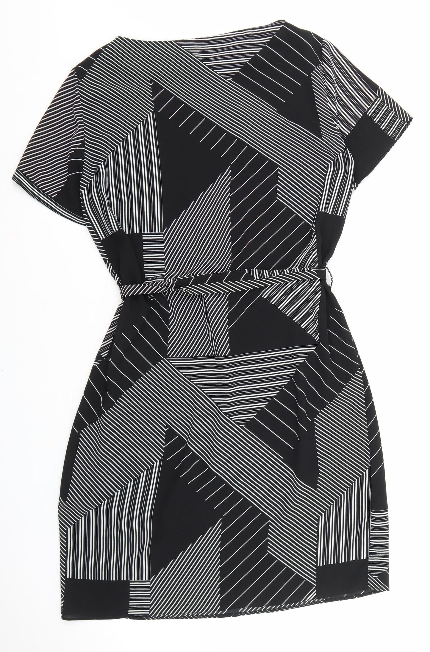 Primark Womens Black Geometric Polyester Sheath Size 8 Boat Neck Tie