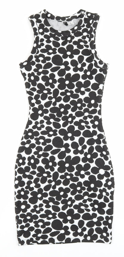 H&M Womens Black Floral Polyester Bodycon Size 2XS Roll Neck Pullover