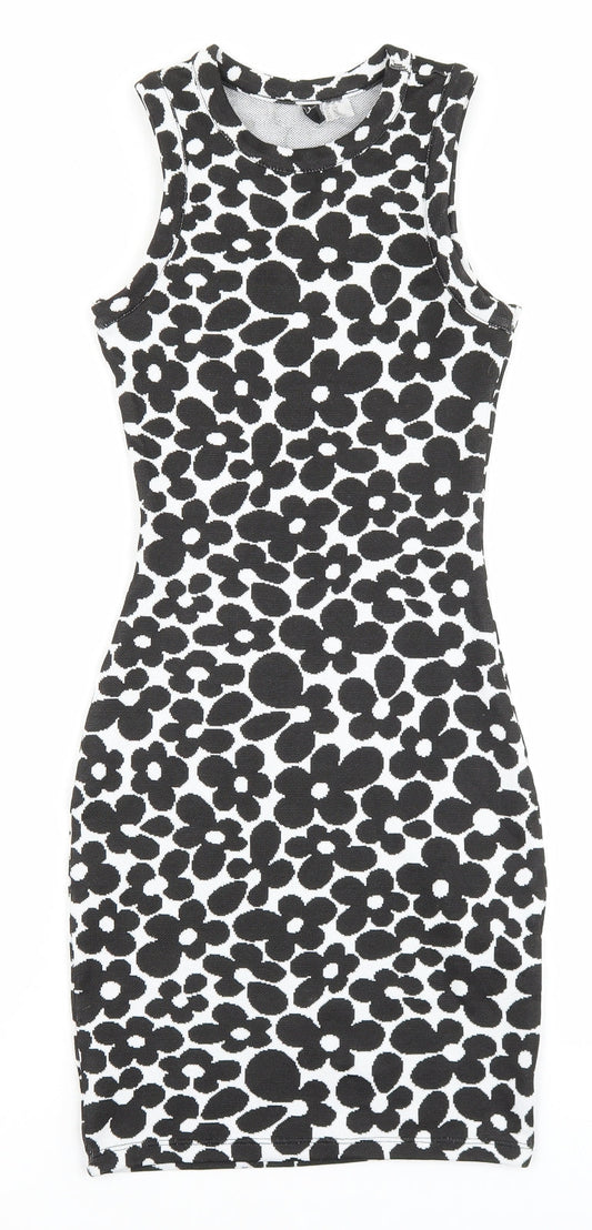 H&M Womens Black Floral Polyester Bodycon Size 2XS Roll Neck Pullover