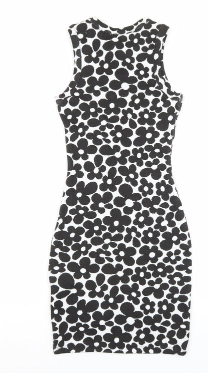 H&M Womens Black Floral Polyester Bodycon Size 2XS Roll Neck Pullover