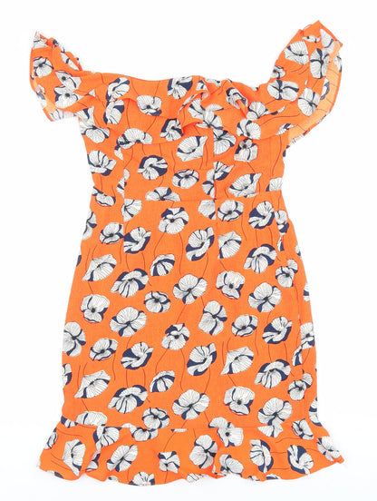 Vera & lucy Womens Orange Floral Polyester Mini Size S Off the Shoulder Zip