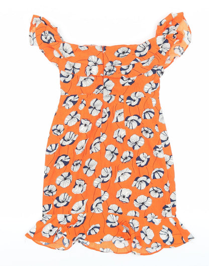 Vera & lucy Womens Orange Floral Polyester Mini Size S Off the Shoulder Zip