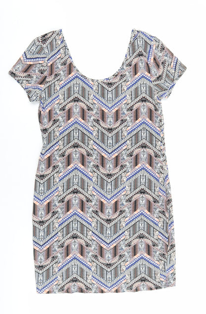 New Look Womens Multicoloured Geometric Cotton Shift Size 14 Scoop Neck Pullover