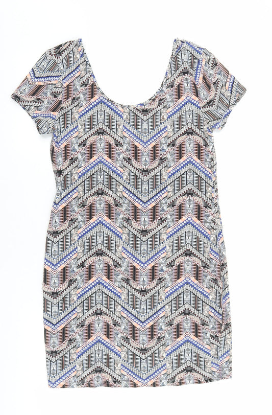 New Look Womens Multicoloured Geometric Cotton Shift Size 14 Scoop Neck Pullover