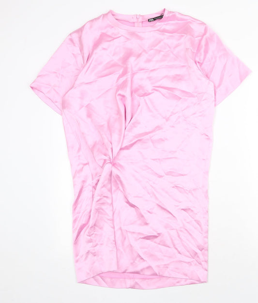 Zara Womens Pink Polyester T-Shirt Dress Size M Round Neck Zip - Twist Detail