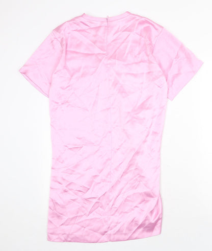 Zara Womens Pink Polyester T-Shirt Dress Size M Round Neck Zip - Twist Detail