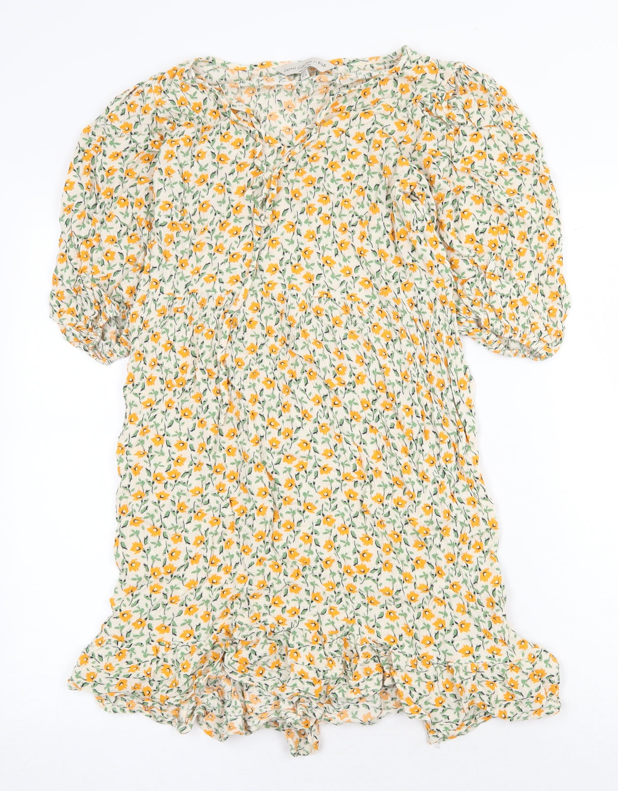 F&F Womens Yellow Floral Viscose A-Line Size 8 V-Neck Tie