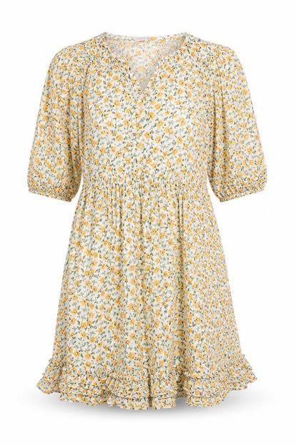 F&F Womens Yellow Floral Viscose A-Line Size 8 V-Neck Tie