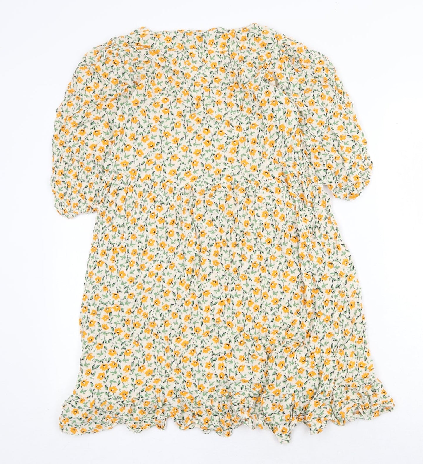 F&F Womens Yellow Floral Viscose A-Line Size 8 V-Neck Tie