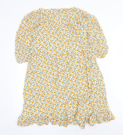 F&F Womens Yellow Floral Viscose A-Line Size 8 V-Neck Tie