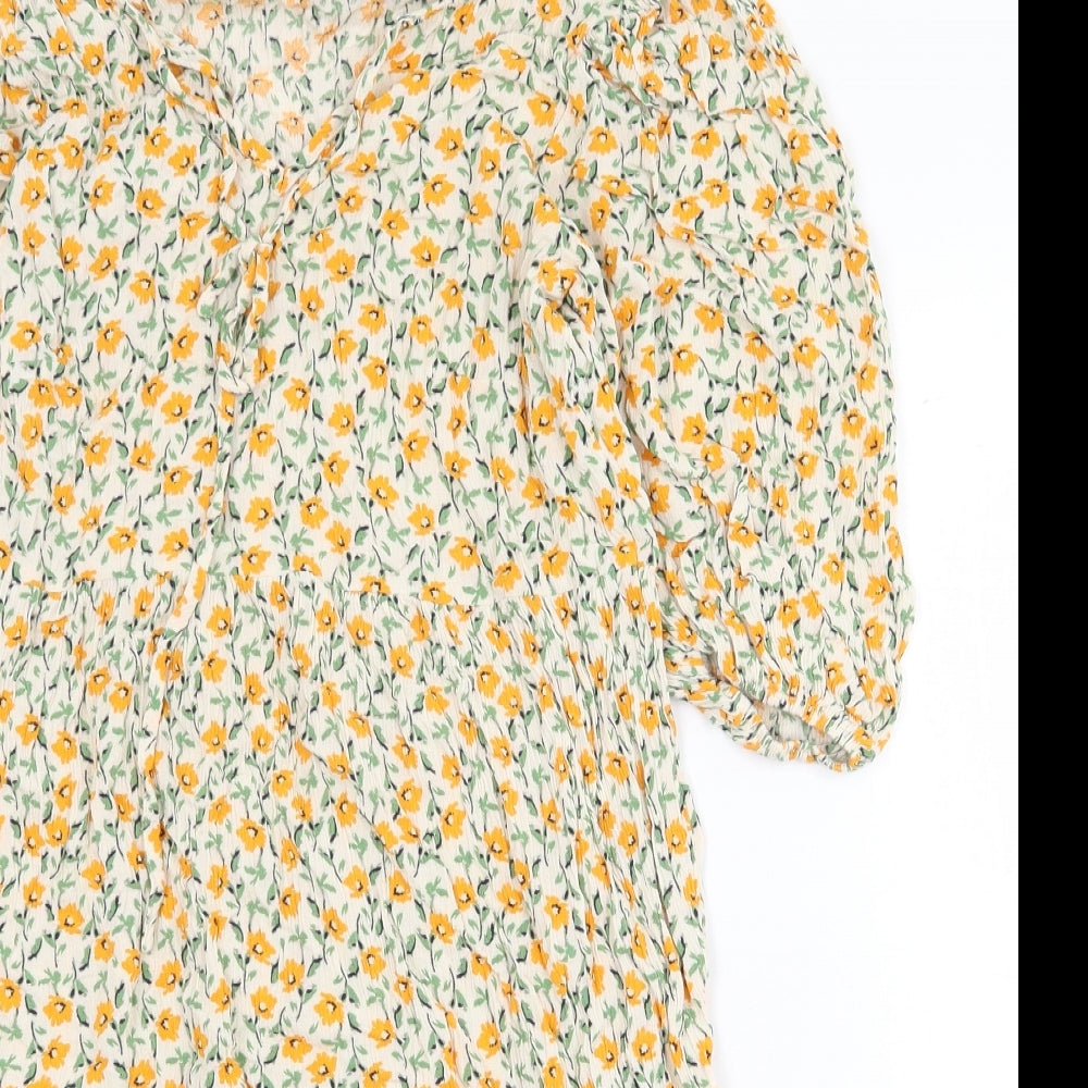F&F Womens Yellow Floral Viscose A-Line Size 8 V-Neck Tie