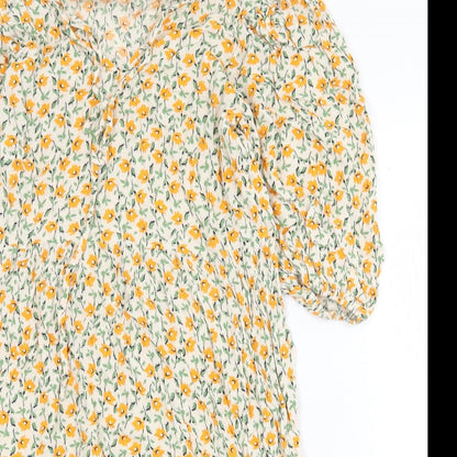 F&F Womens Yellow Floral Viscose A-Line Size 8 V-Neck Tie