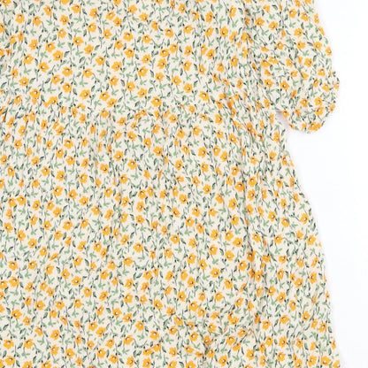 F&F Womens Yellow Floral Viscose A-Line Size 8 V-Neck Tie