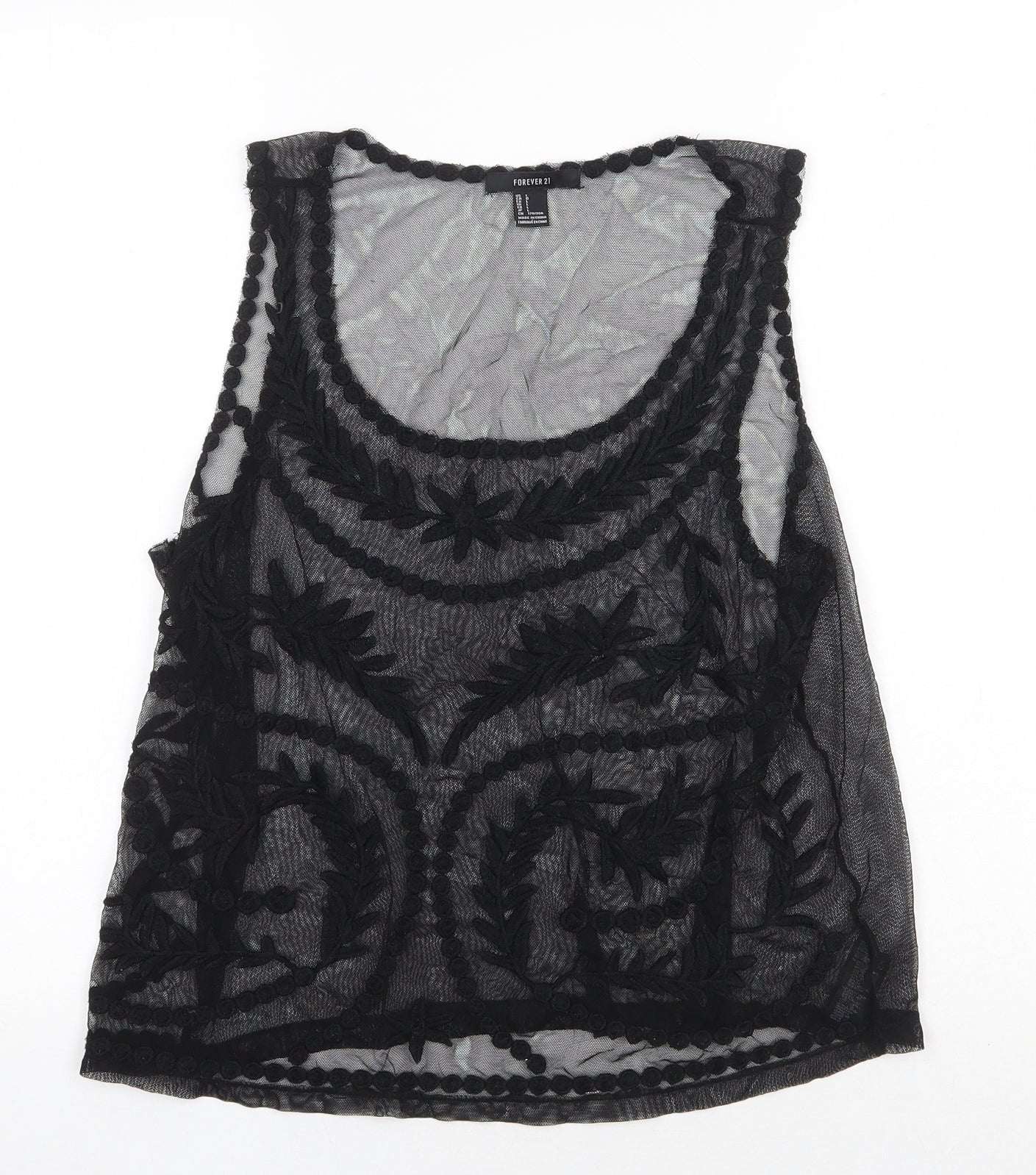 FOREVER 21 Womens Black Floral Nylon Basic Tank Size L Scoop Neck