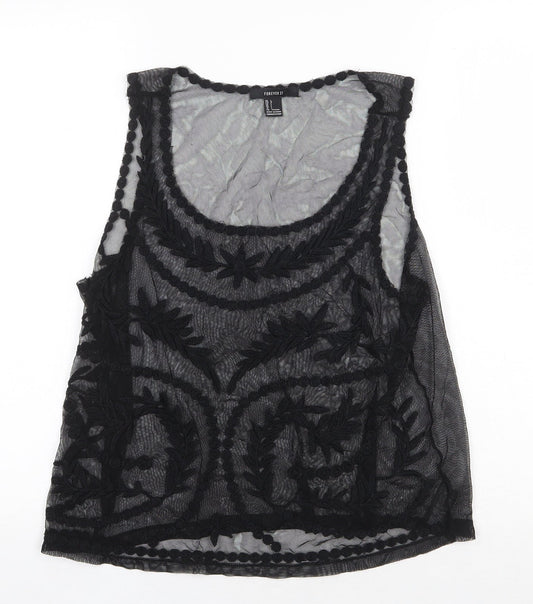 FOREVER 21 Womens Black Floral Nylon Basic Tank Size L Scoop Neck