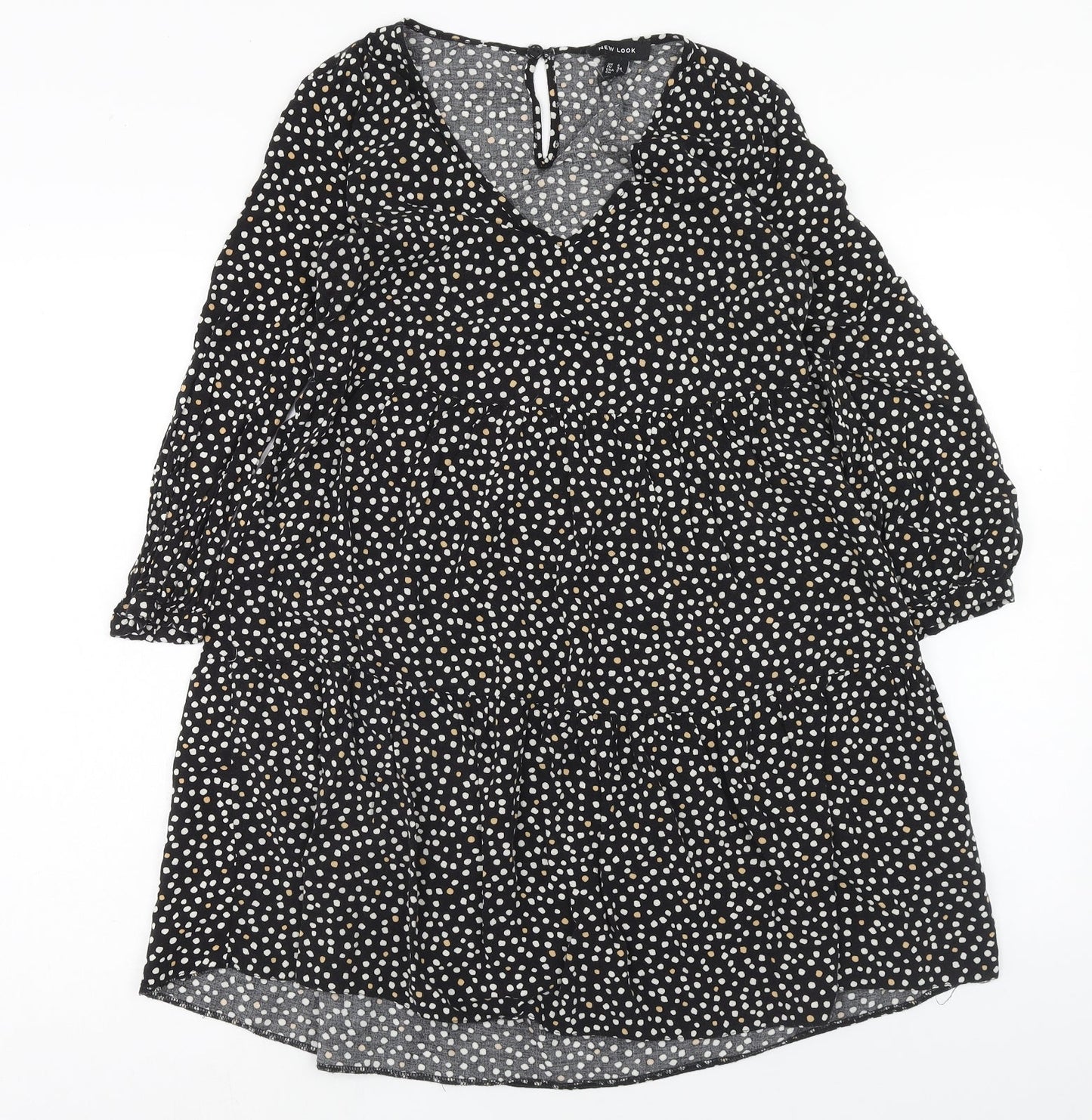 New Look Womens Black Animal Print Viscose A-Line Size 6 V-Neck Button