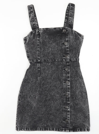 H&M Womens Green Cotton Pinafore/Dungaree Dress Size 6 Scoop Neck Button