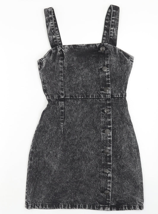H&M Womens Green Cotton Pinafore/Dungaree Dress Size 6 Scoop Neck Button