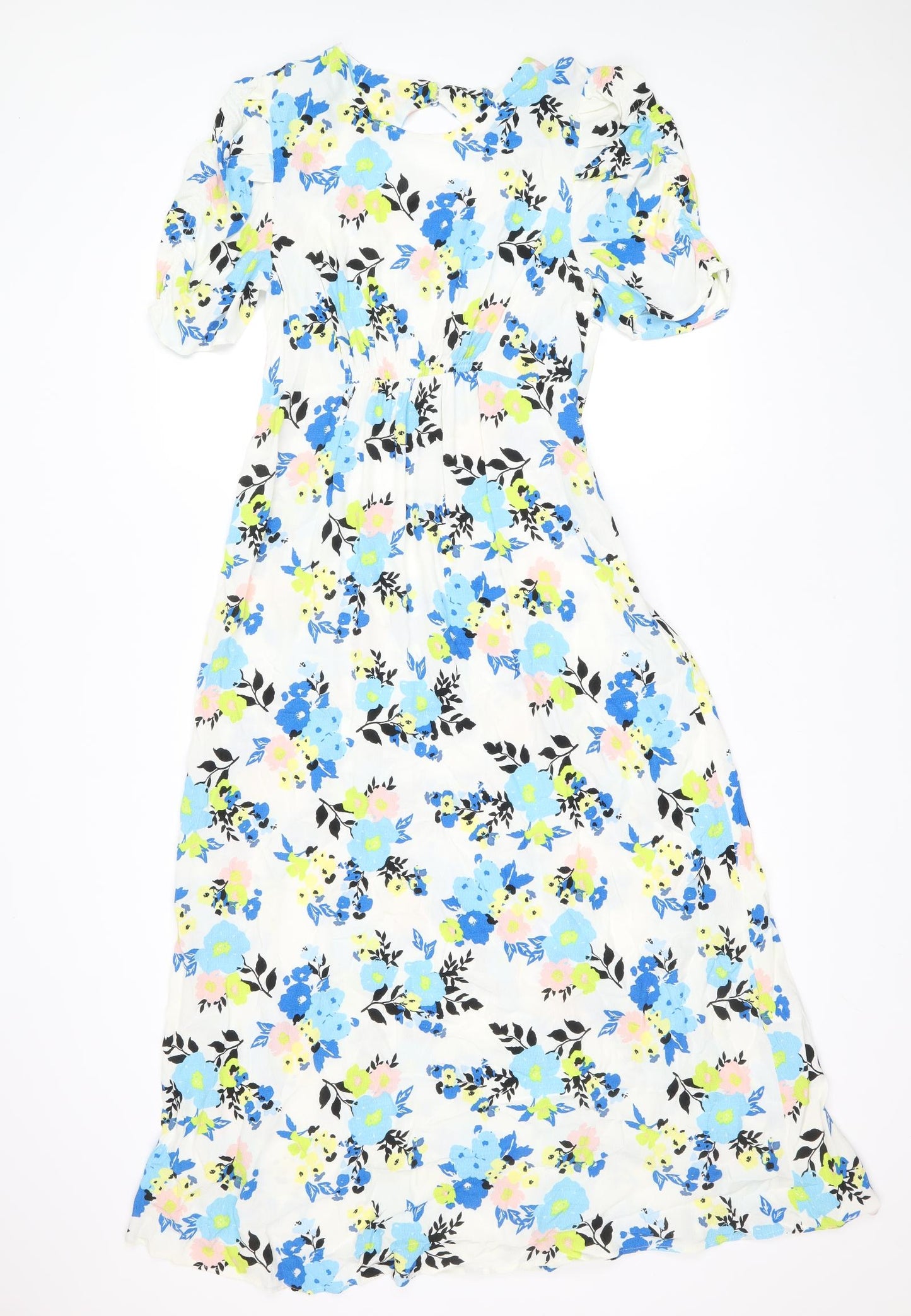 Marks and Spencer Womens White Floral Viscose A-Line Size 10 Boat Neck Zip