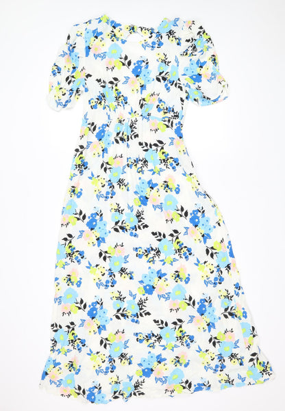 Marks and Spencer Womens White Floral Viscose A-Line Size 10 Boat Neck Zip