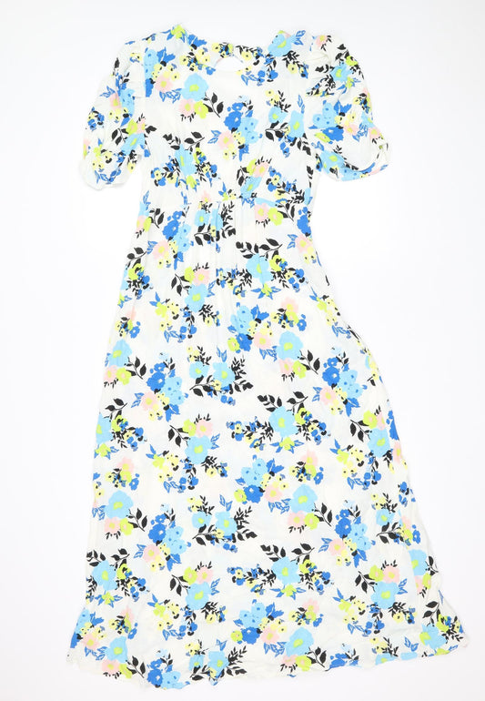 Marks and Spencer Womens White Floral Viscose A-Line Size 10 Boat Neck Zip