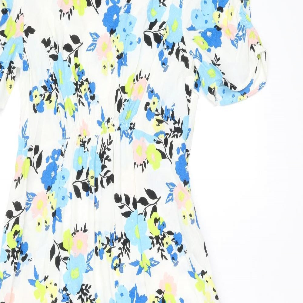 Marks and Spencer Womens White Floral Viscose A-Line Size 10 Boat Neck Zip