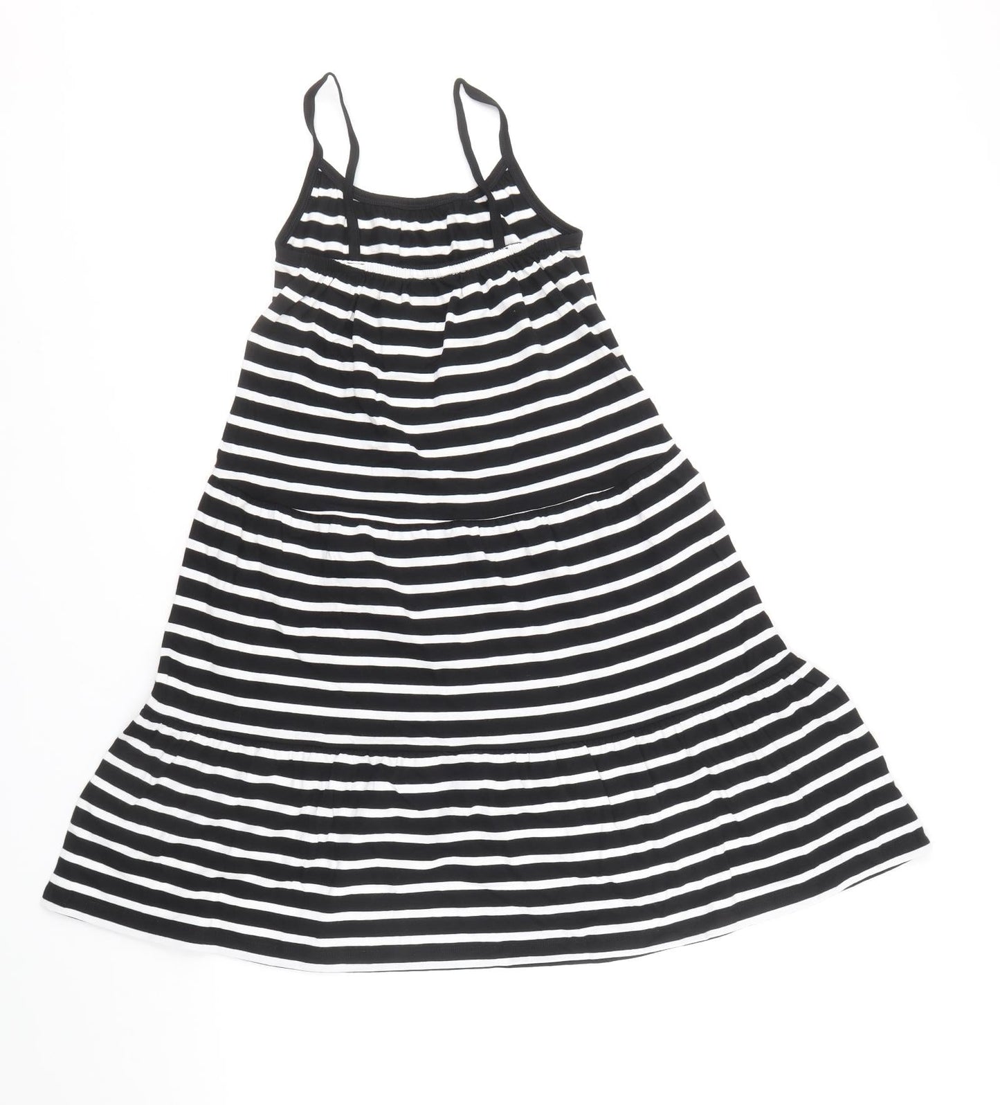 Marks and Spencer Girls Black Striped 100% Cotton Skater Dress Size 6-7 Years Square Neck Pullover