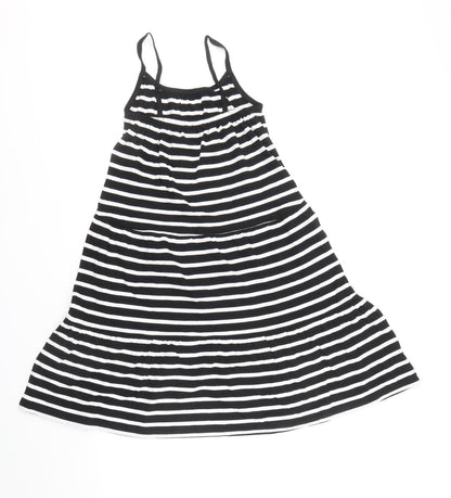 Marks and Spencer Girls Black Striped 100% Cotton Skater Dress Size 6-7 Years Square Neck Pullover