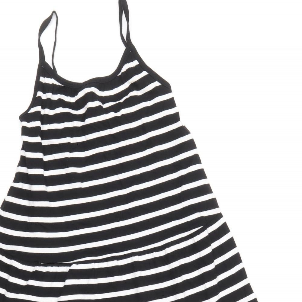 Marks and Spencer Girls Black Striped 100% Cotton Skater Dress Size 6-7 Years Square Neck Pullover