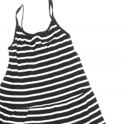Marks and Spencer Girls Black Striped 100% Cotton Skater Dress Size 6-7 Years Square Neck Pullover