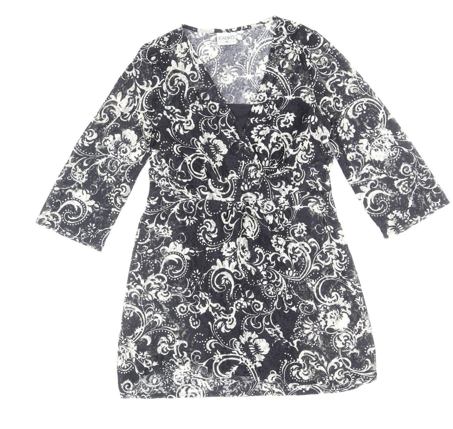 Kaliko Womens Black Paisley Polyester A-Line Size 10 V-Neck Pullover