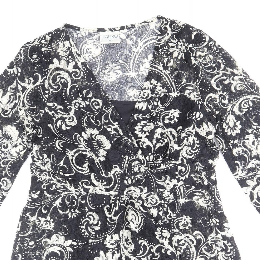 Kaliko Womens Black Paisley Polyester A-Line Size 10 V-Neck Pullover