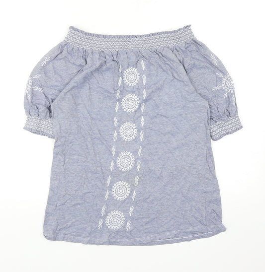 Primark Womens Blue Geometric Cotton Basic Blouse Size 10 Off the Shoulder