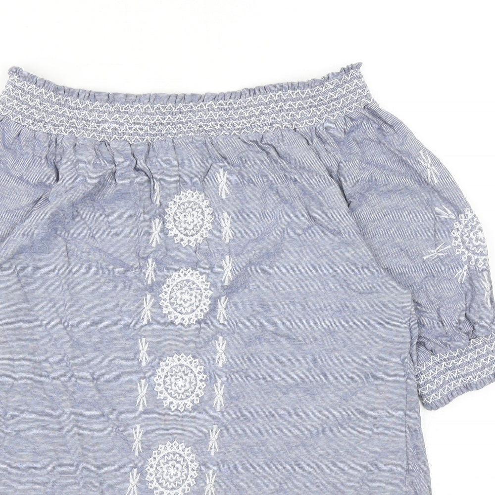 Primark Womens Blue Geometric Cotton Basic Blouse Size 10 Off the Shoulder