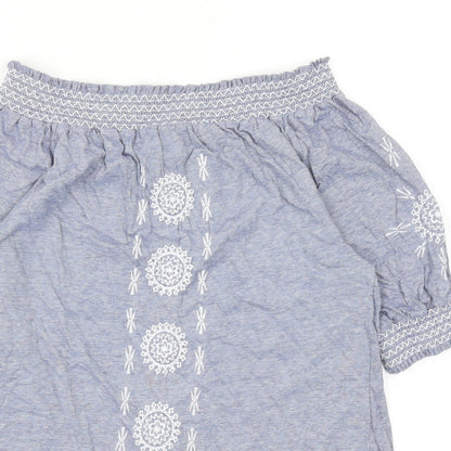 Primark Womens Blue Geometric Cotton Basic Blouse Size 10 Off the Shoulder