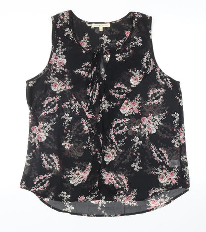 Daniel Rainn Womens Black Floral Polyester Basic Tank Size L Scoop Neck - Tie Neck