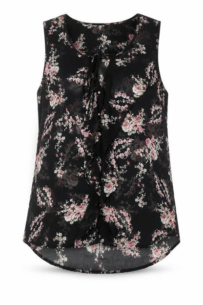 Daniel Rainn Womens Black Floral Polyester Basic Tank Size L Scoop Neck - Tie Neck