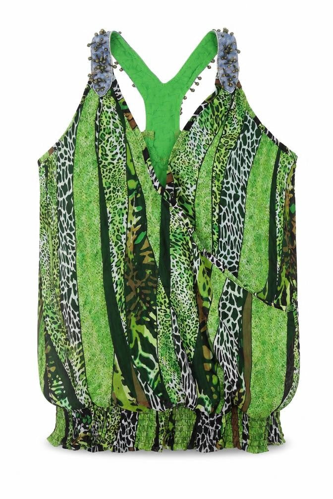 Jaune Rouge Womens Green Animal Print Polyester Wrap Tank Size M V-Neck - Leopard Print Faux Wrap Racerback