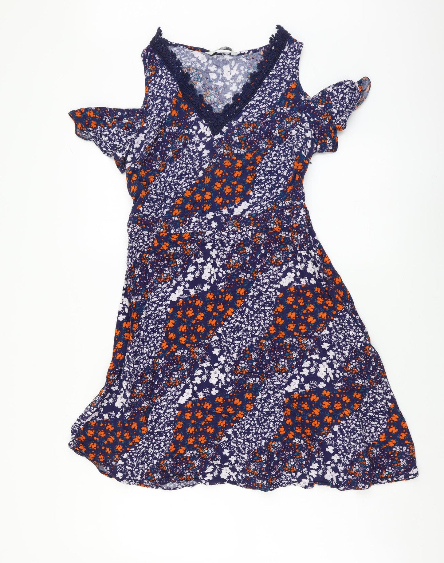 Peacocks Womens Multicoloured Floral Viscose Fit & Flare Size 8 V-Neck Zip - Cold Shoulder