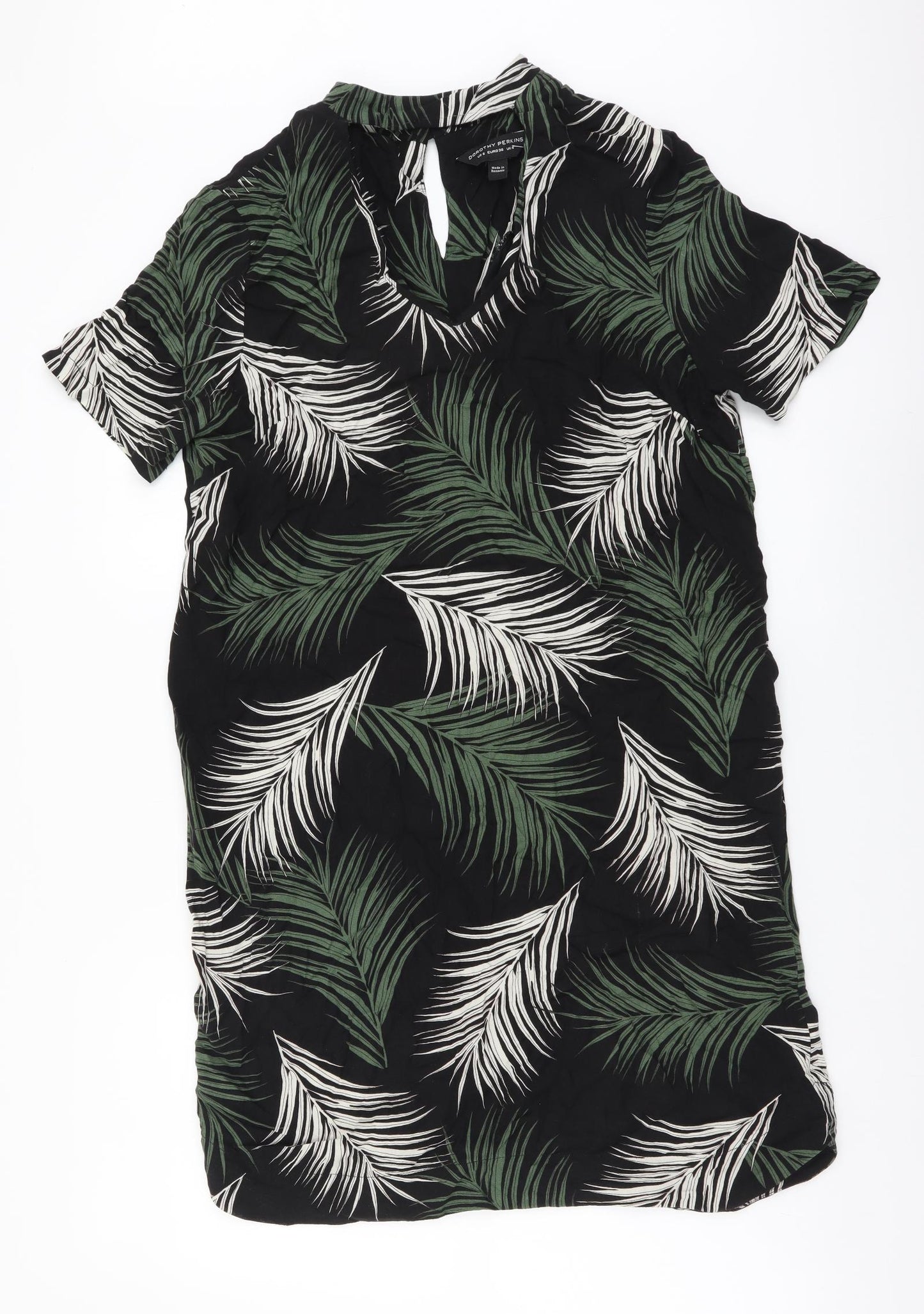 Dorothy Perkins Womens Black Floral Viscose Shift Size 10 V-Neck Button