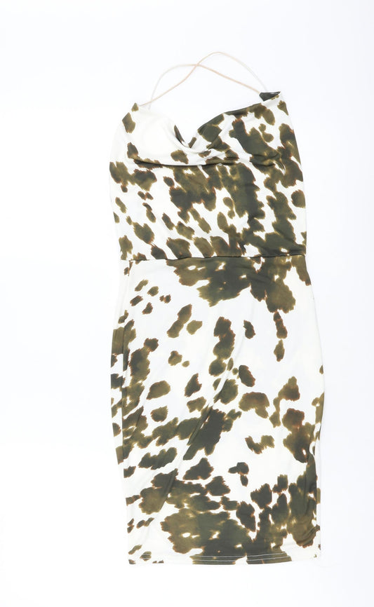 Boohoo Womens White Animal Print Polyester Mini Size 6 Cowl Neck Pullover