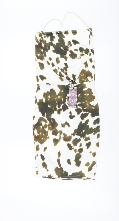 Boohoo Womens White Animal Print Polyester Mini Size 6 Cowl Neck Pullover