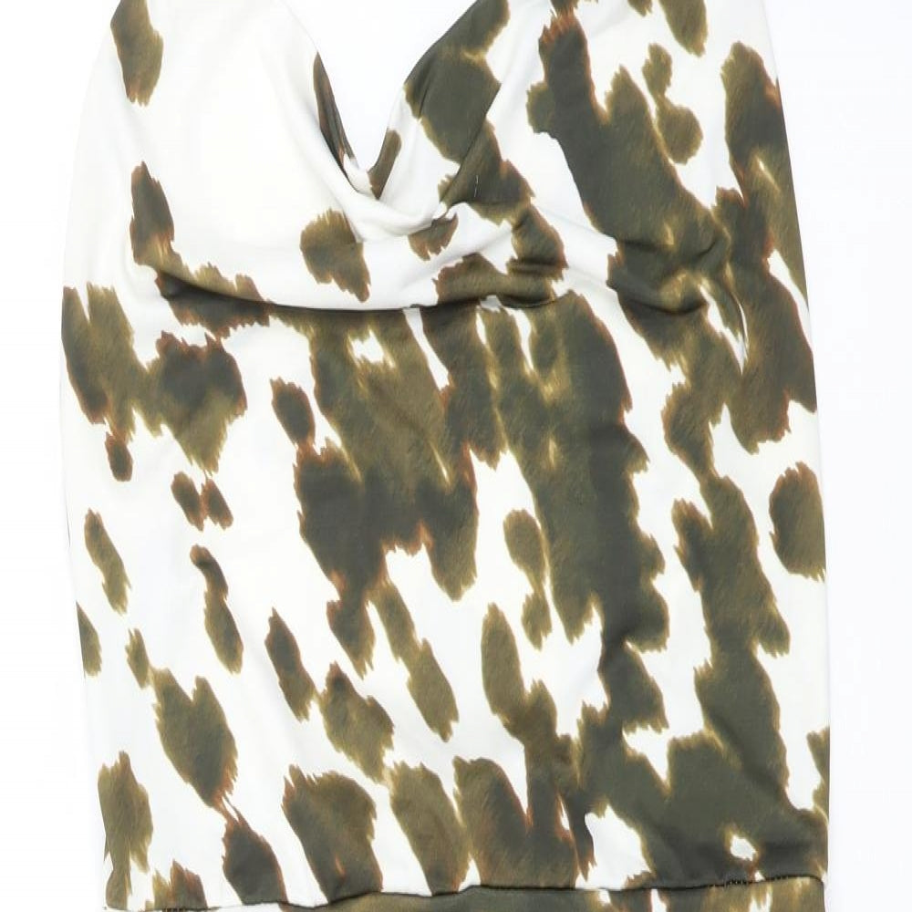 Boohoo Womens White Animal Print Polyester Mini Size 6 Cowl Neck Pullover