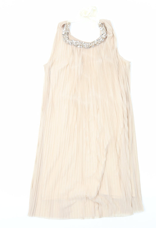 Miss Selfridge Womens Beige Polyester A-Line Size 12 Scoop Neck Pullover - Neckline Detail