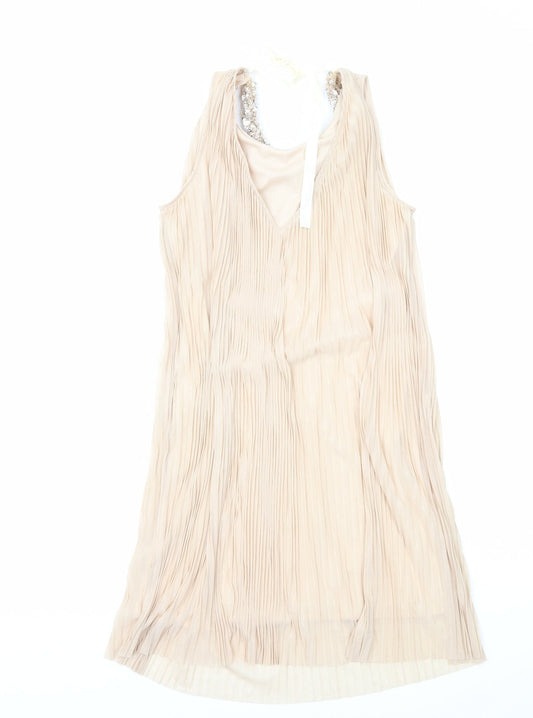 Miss Selfridge Womens Beige Polyester A-Line Size 12 Scoop Neck Pullover - Neckline Detail