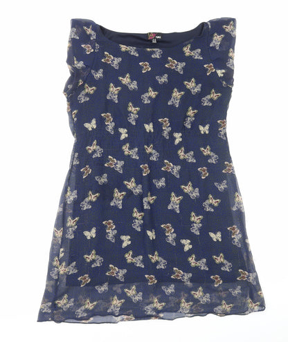 Yumi Womens Blue Geometric Polyester A-Line Size 12 Boat Neck Pullover - Butterfly Print